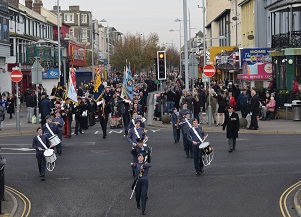 Remembrance Parade marching down Pier Avenue in Clacton.