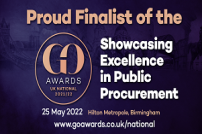 Purple graphic with GO Awards logo and text reading Proud Finalist of the GO Awards UK National 2021/22 Showcasing Excellent in Public Procurement 25 May 2022 Hilton Metropole, Birmingham, www.goawards.co.uk/national